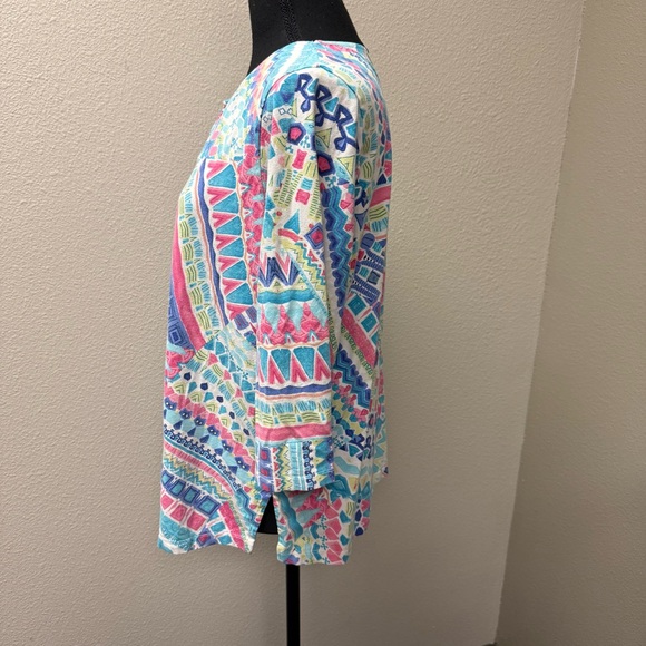 Alfred Dunner Studio Geometric Boho Top Blue Pink Tribal Print Large Soft - Picture 4 of 9